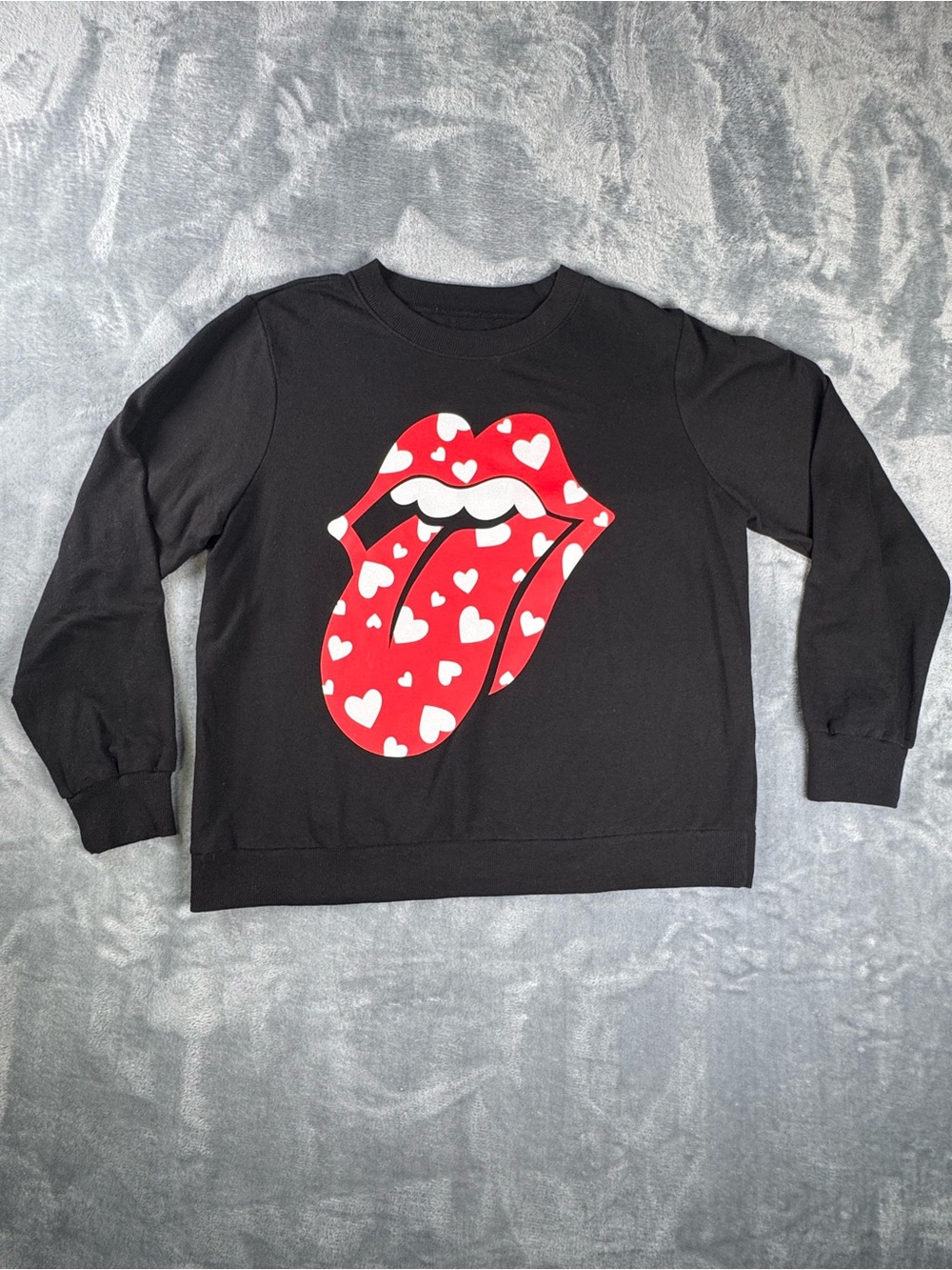Rolling Stones Sweatshirt Womens M Black Heart Tongue Lips Valentine Graphic